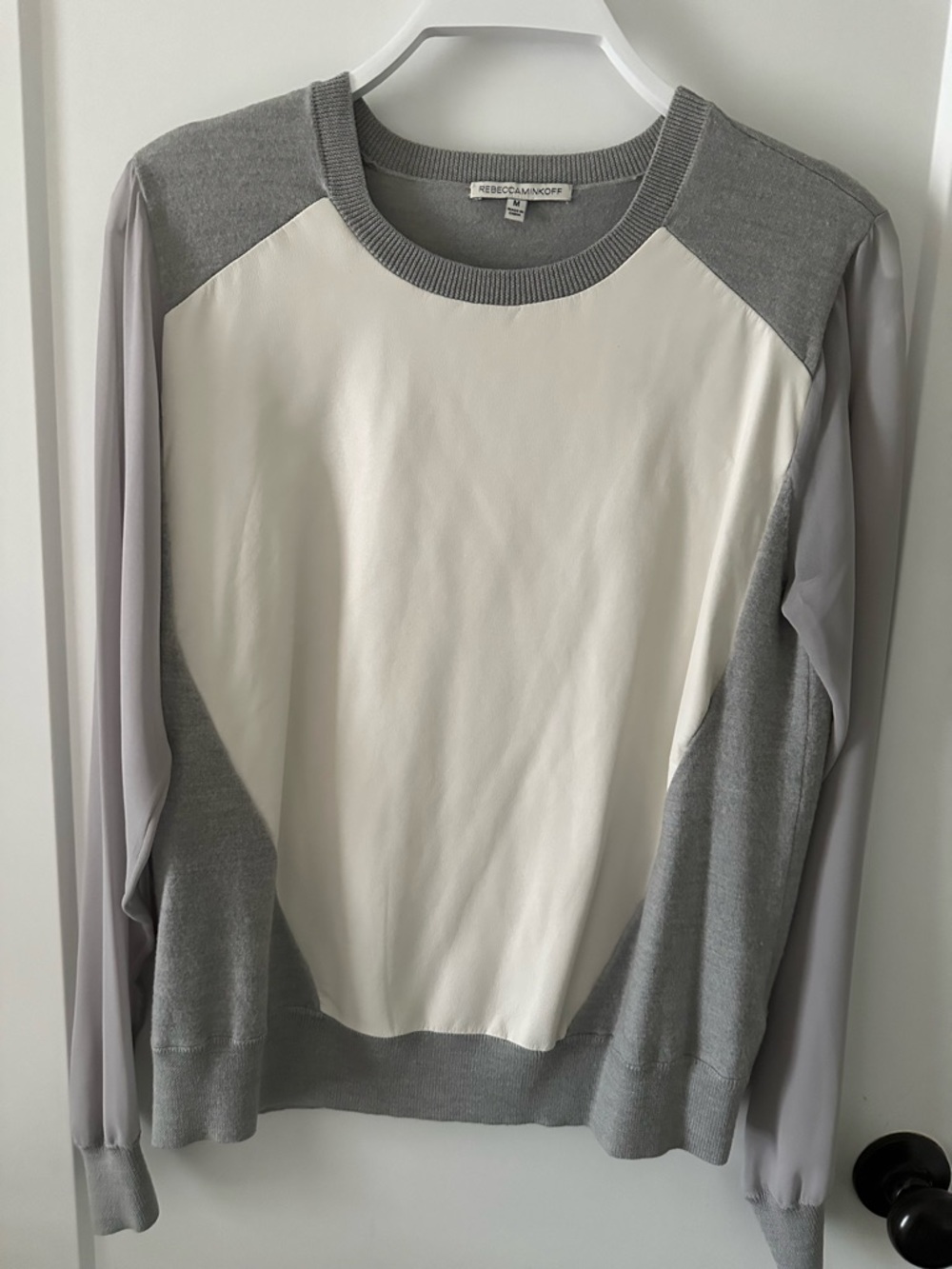 Rebecca Minkoff Women’s Gray & Cream Mixed-Media Crewneck Sweater